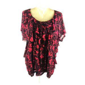 212 Collection Women Shirt Size 3 X Red Black Short Sleeve Ruffles Lined Flowy